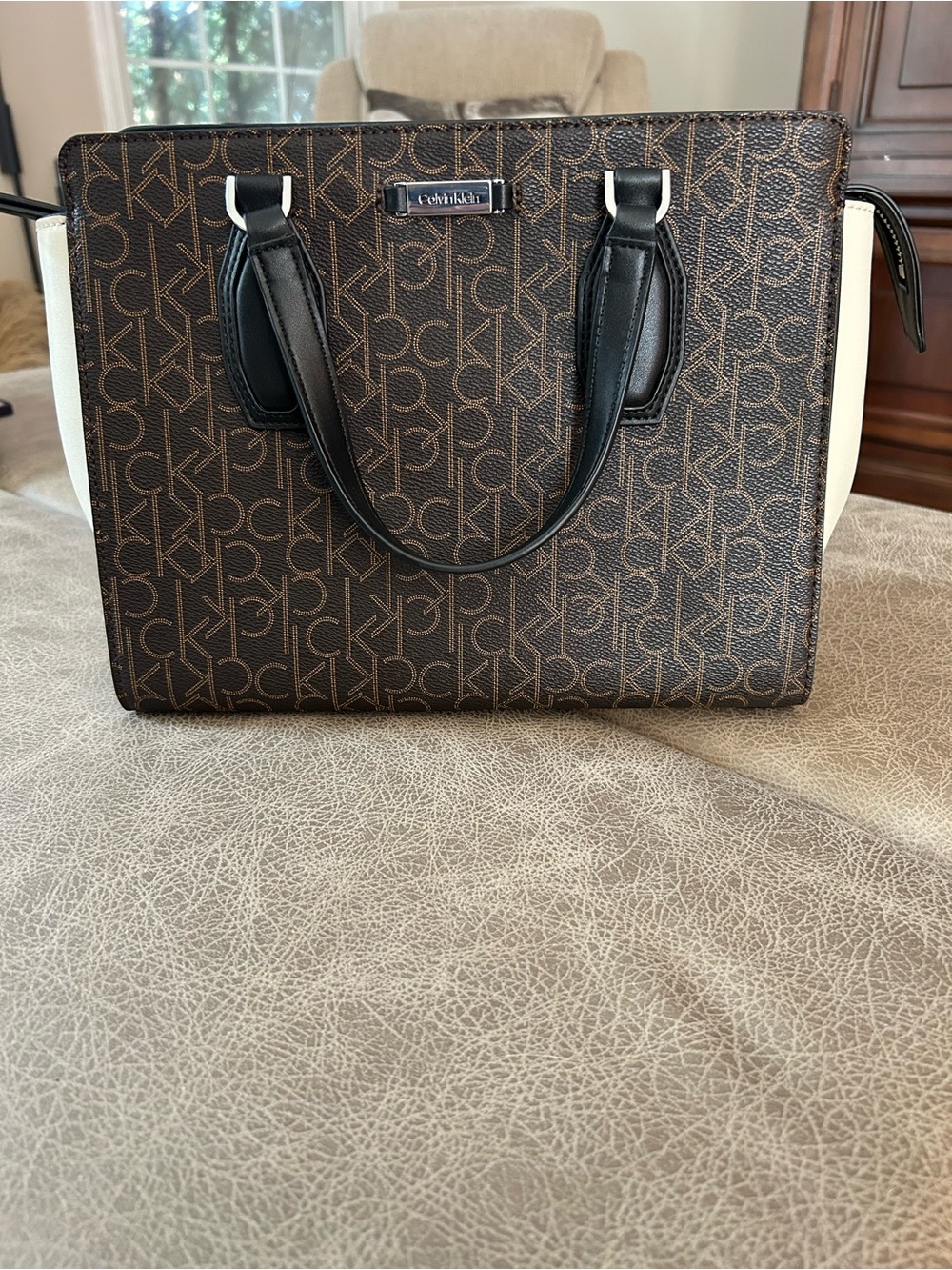 Calvin Klein Brown Monogram Purse with Black Handles